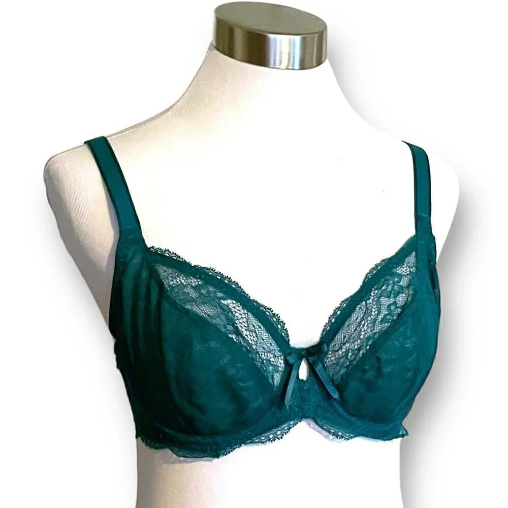 Freya 30DDD Fancies Plunge Bra Green Stretch Lace Semi Sheer Underwire AA1011